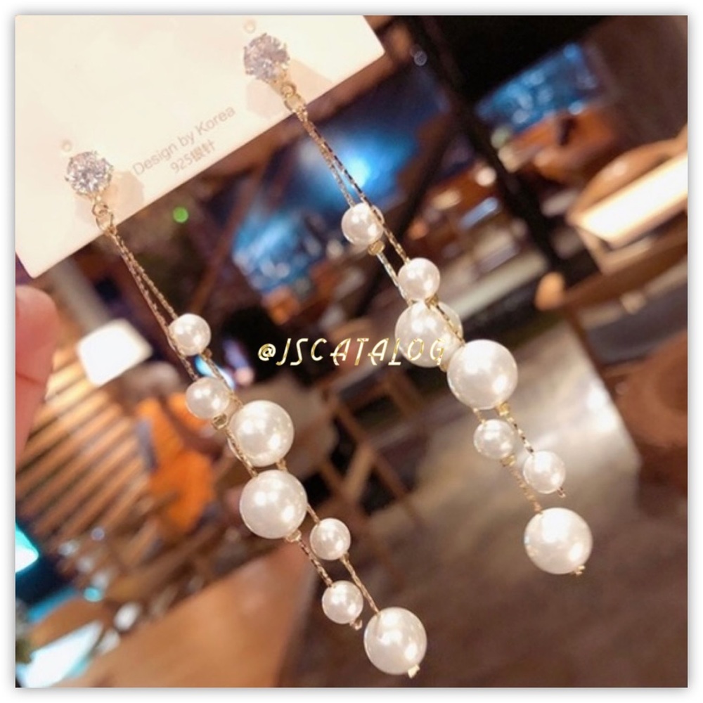 Cubic Zirconia Faux Pearls Long Drop Gold Earrings